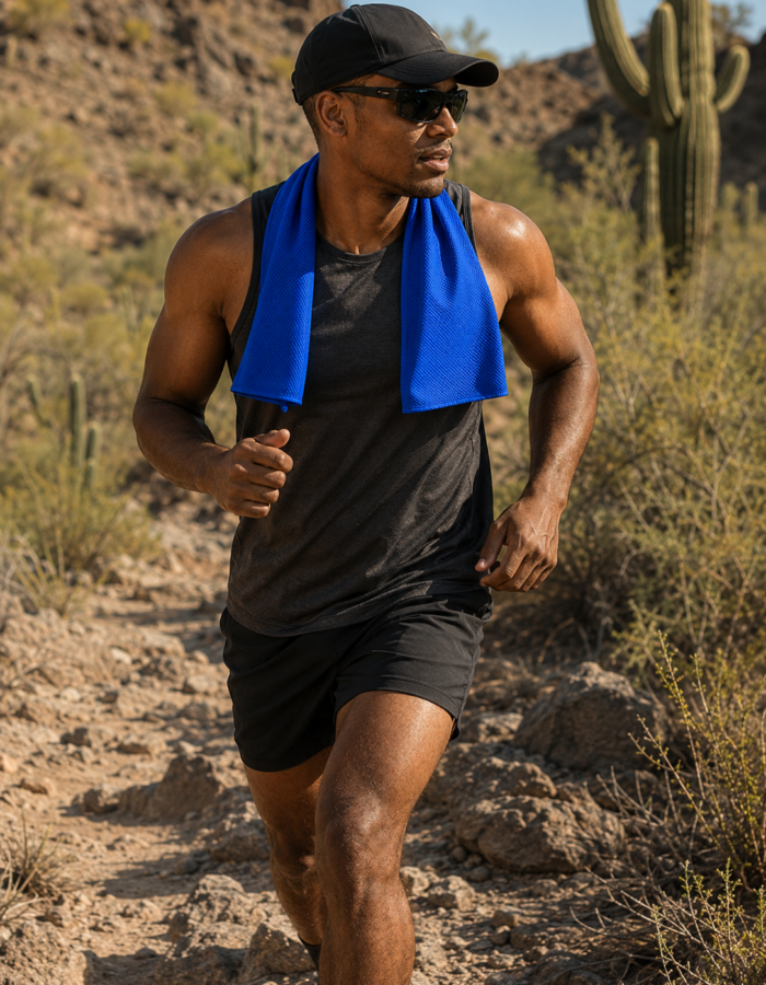 Outdoors wearing a DesertTowel cooling towel in the Arizona heat