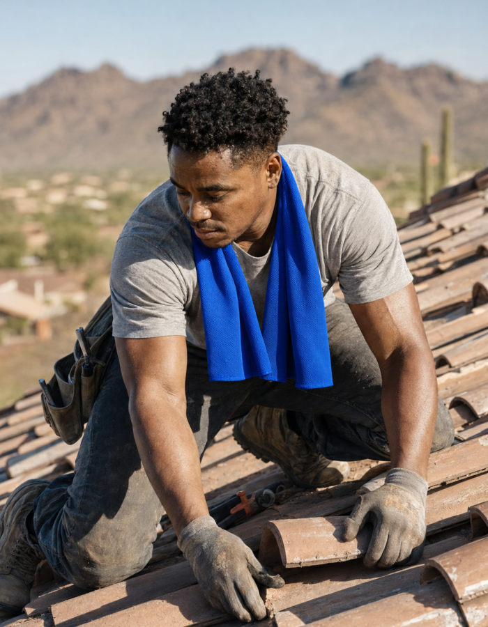 Work wearing a DesertTowel cooling towel in the Arizona heat