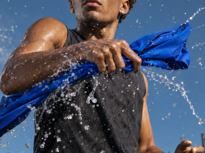 Snap: activating a blue DesertTowel cooling towel with water