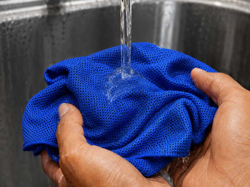 Soak: activating a blue DesertTowel cooling towel with water